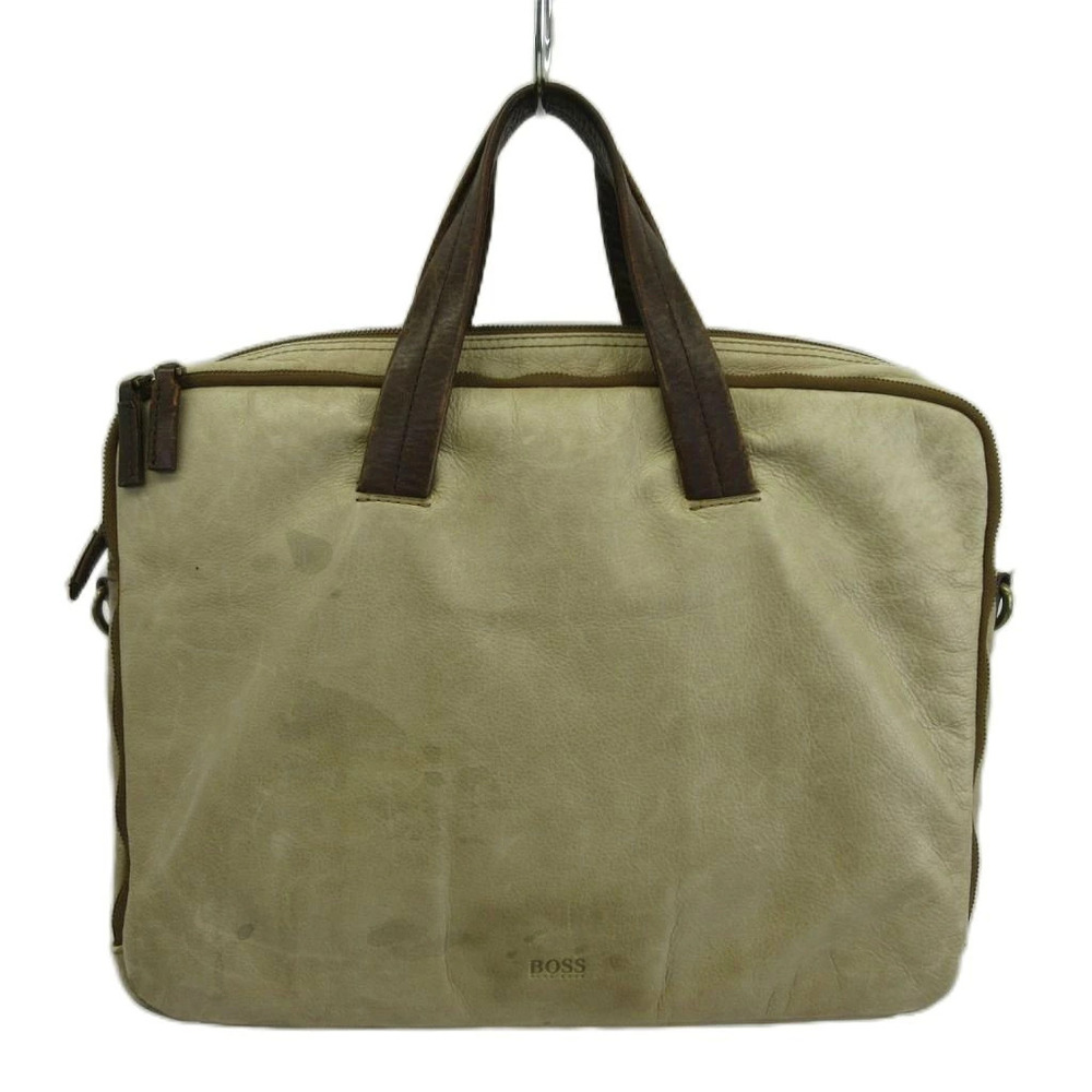 Hugo Boss Business Bag Briefcase Shoulder Leather Embossed Beige Brown XZ